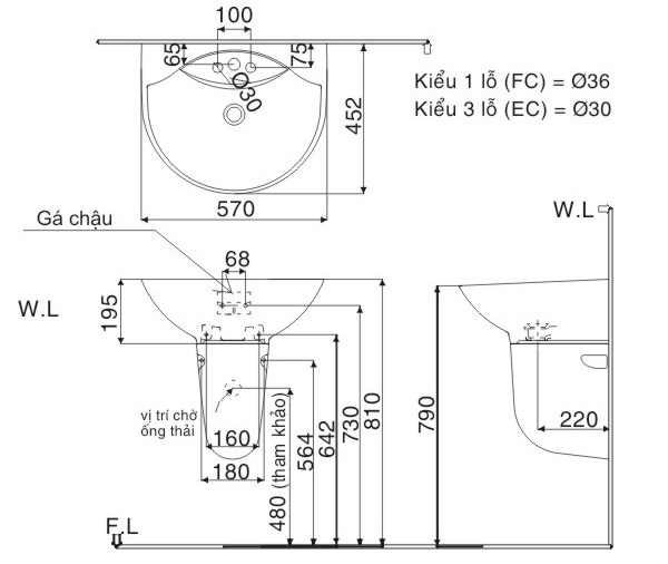 Bản vẽ kỹ thuật sản phẩm chậu lavabo Inax L-288V treo tường