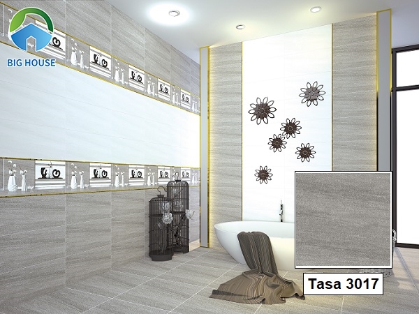 Gạch Tasa 3017 kích thước 30x30 gam màu xám trung tính, họa tiết sọc phù hợp lát nền phòng tắm hiện đại.