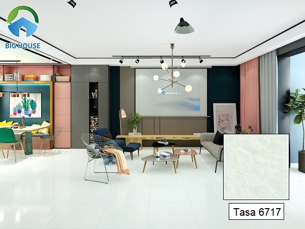 Phòng khách tươi mát và thoáng đãng với mẫu gạch men Tasa 6717 60x60 giả đá màu xanh đầy lôi cuốn.