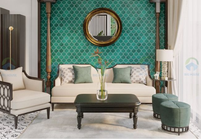 gạch mosaic vảy cá màu xanh
