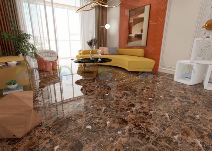 gạch giả đá granite lát phòng khách màu nâu