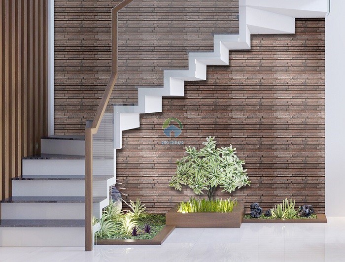 Gạch Inax màu nâu ốp khu vực cầu thang.