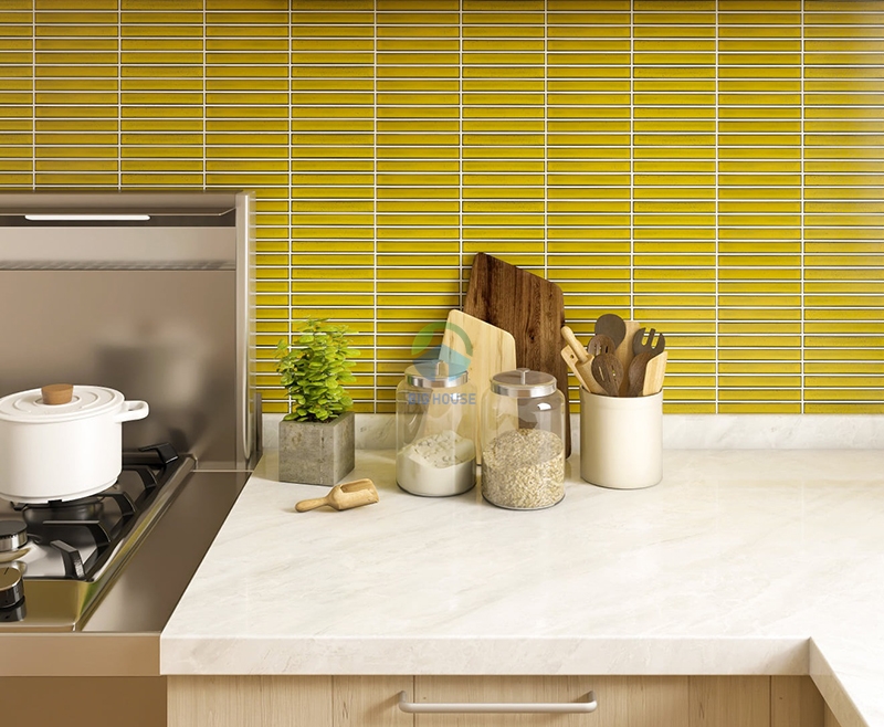 gạch mosaic que đũa màu xanh vàng gốm phủ men ốp tường bếp