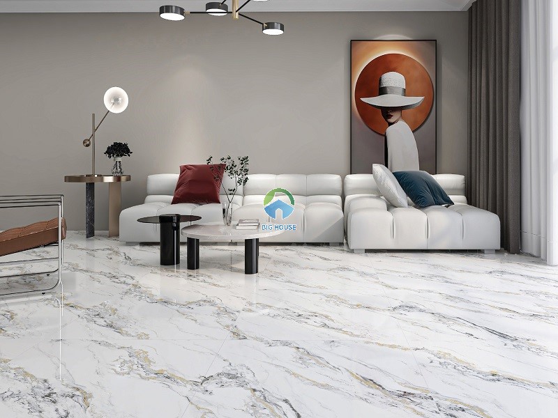 Gạch tone trắng ánh kim lát nền phòng khách