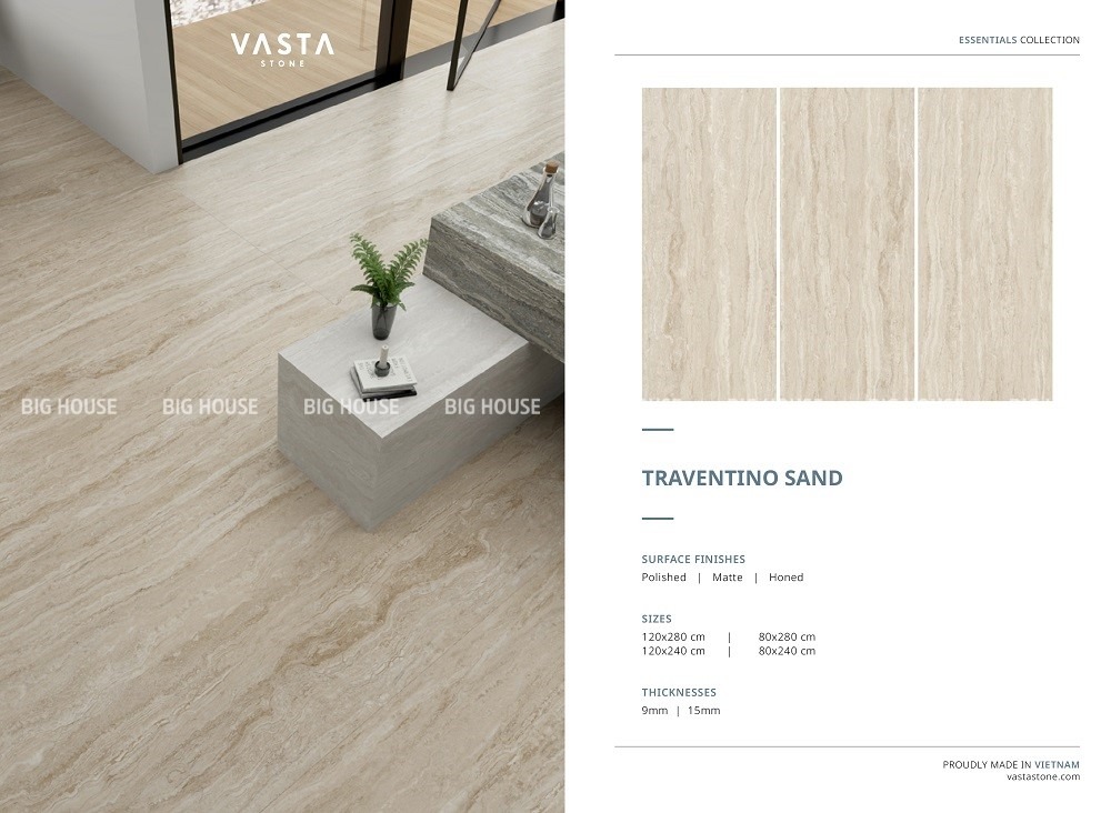 Mẫu gạch khổ lớn 1200x2400 sở hữu gam màu be vàng, họa tiết vân đá travertine