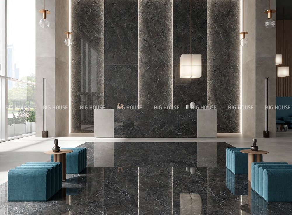 Không gian đại sảnh của khách sạn 5 sao sử dụng mẫu gạch giả đá tone ghi trung tính với họa tiết vân sắc nét, chân thực.