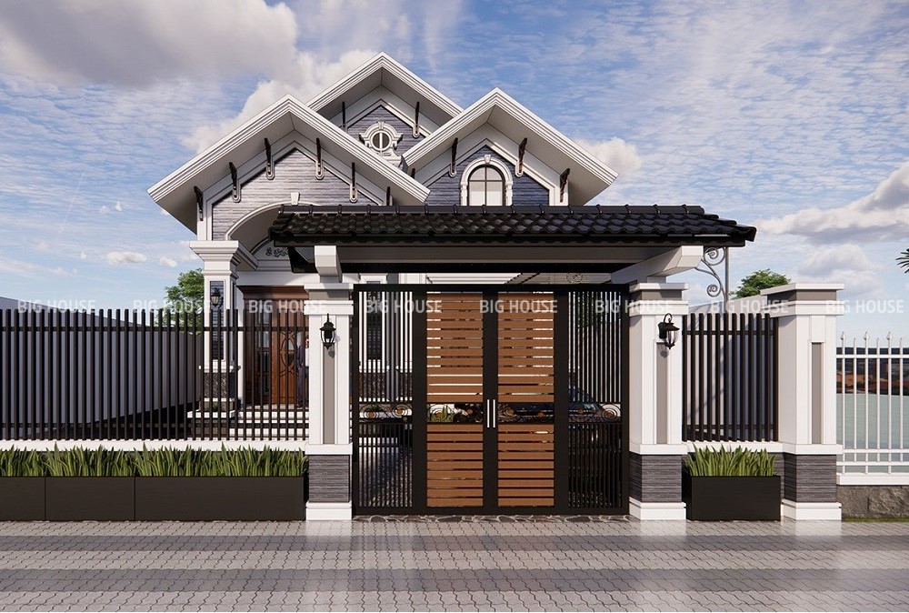Gạch tone xám 25x40 ốp chân cột cổng phù hợp nhiều phong cách thiết kế.
