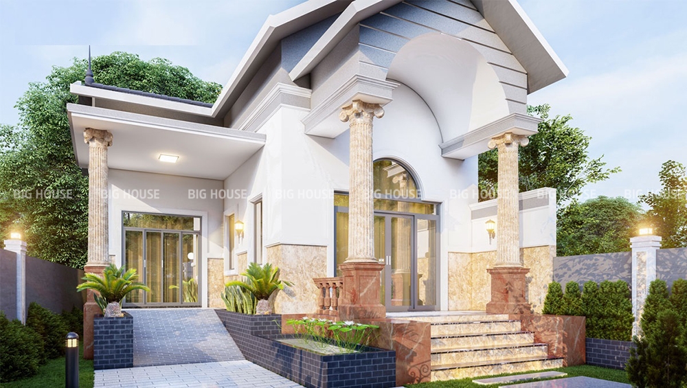 Tone màu vàng của mẫu gạch giả đá này giúp mặt tiền nhà vừa đẹp, vừa sang.