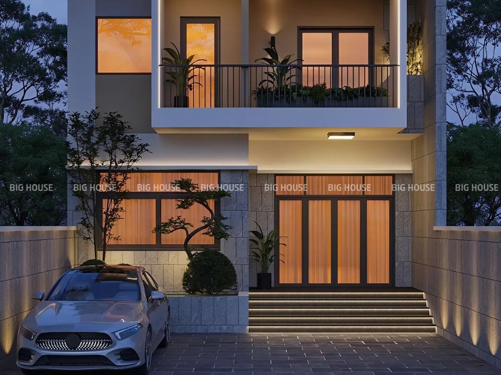 Gạch giả đá màu ghi xám giúp ngôi nhà mái Thái thêm phần kiên cố và thanh lịch.
