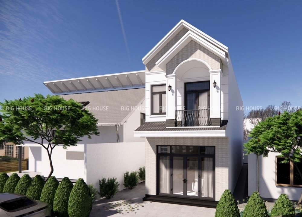 Gạch thẻ Inax màu kem giúp mặt tiền nhà mái Thái trở nên thanh thoát và hiện đại hơn.