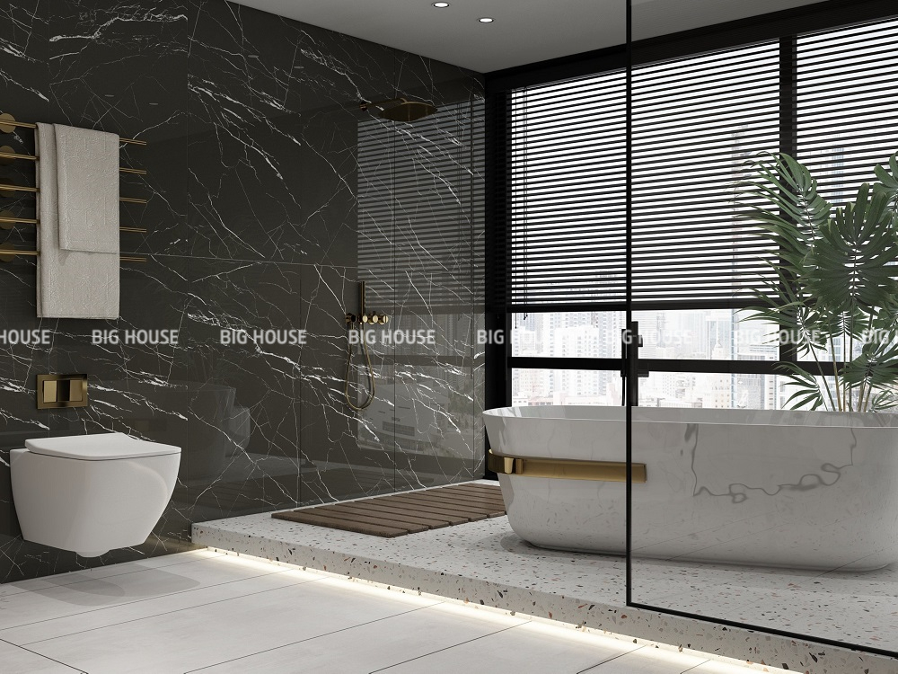 Nhà tắm ốp gạch 60x120 sau khi hoàn thiện với các mạch gạch thẳng đều, bề mặt sạch sẽ.