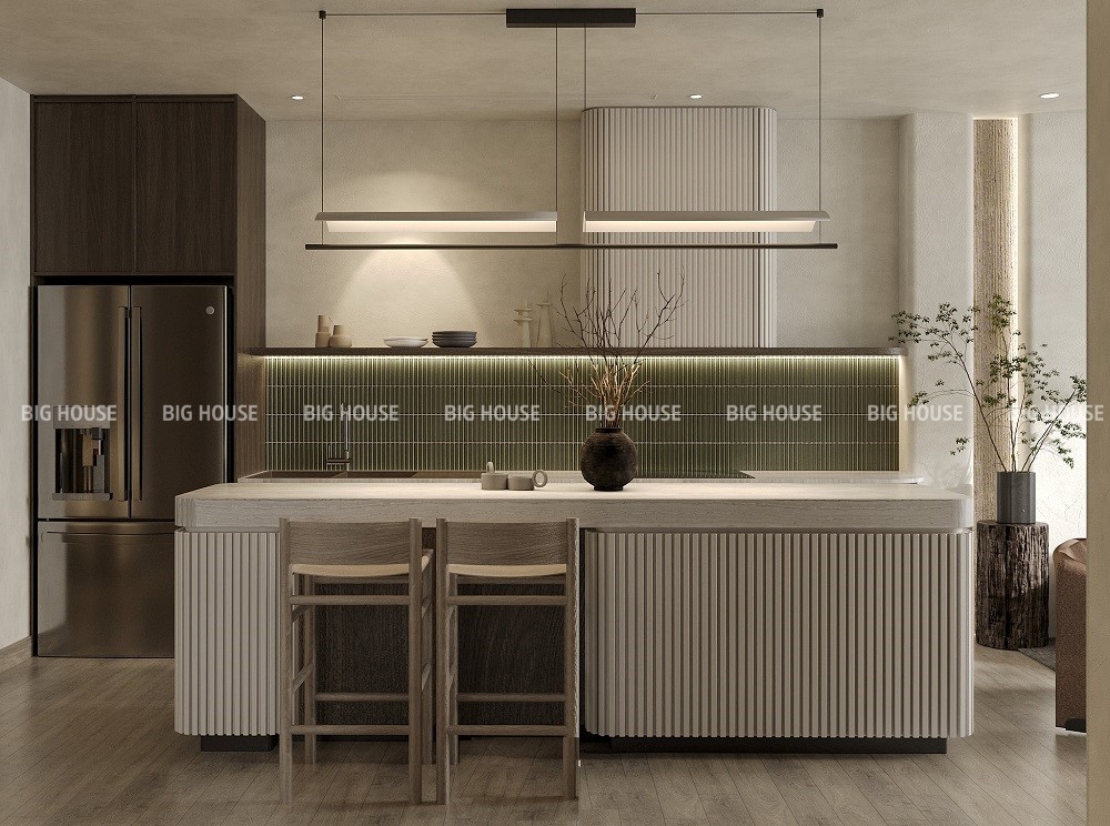 Mẫu gạch mosaic trang trí bếp dạng thẻ que, màu xanh lục là lựa chọn lý tưởng cho gia chủ mệnh Mộc.