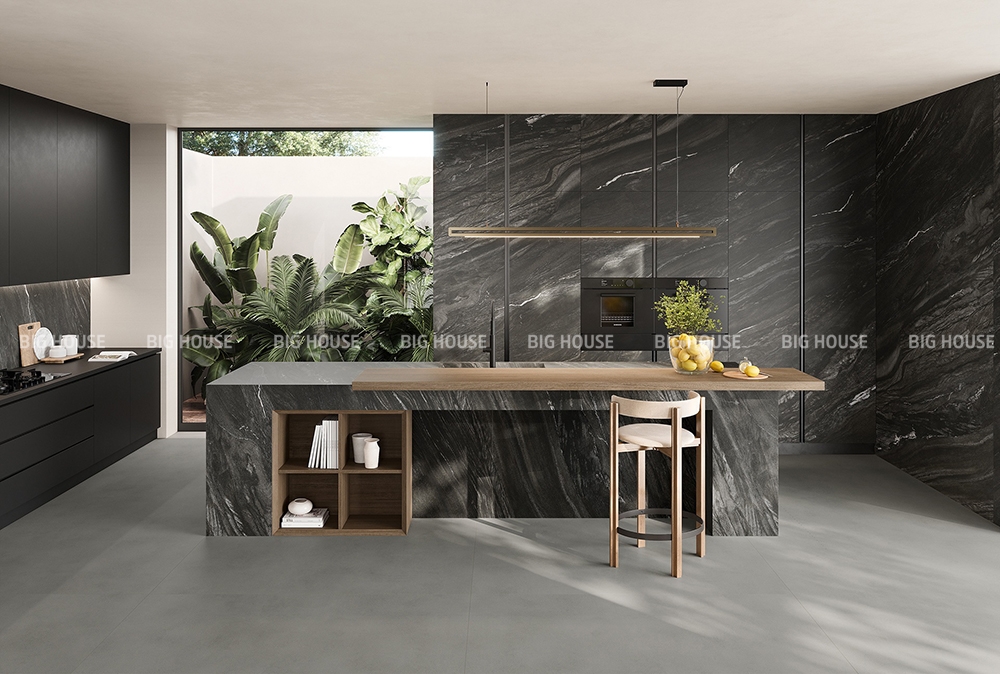 gạch ốp bếp màu đen khổ lớn nối vân