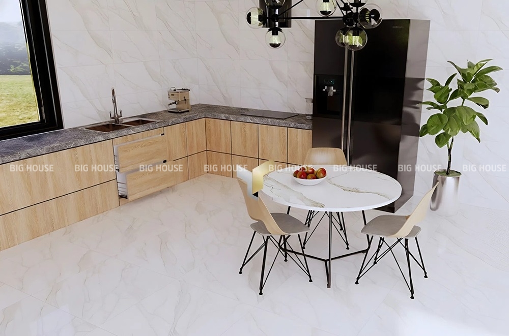 Căn bếp ốp mẫu gạch Eurotile SIG.P4805 40×80, bề mặt men mờ sang trọng.