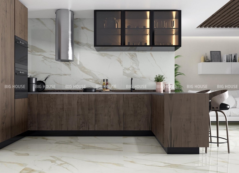 Gạch vân đá trắng khổ lớn 60x120 Viglacera SIG.P 61206 giúp căn bếp thêm thanh lịch và hiện đại.