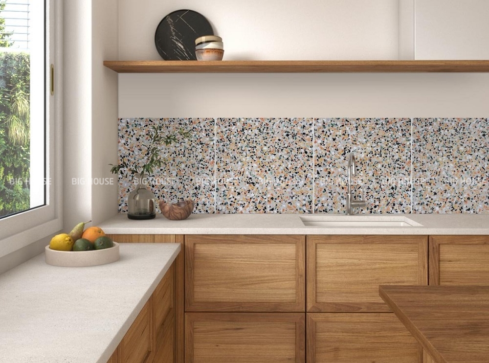 Gạch vân đá terrazzo mang đến vẻ đẹp trẻ trung, ấn tượng cho căn bếp.