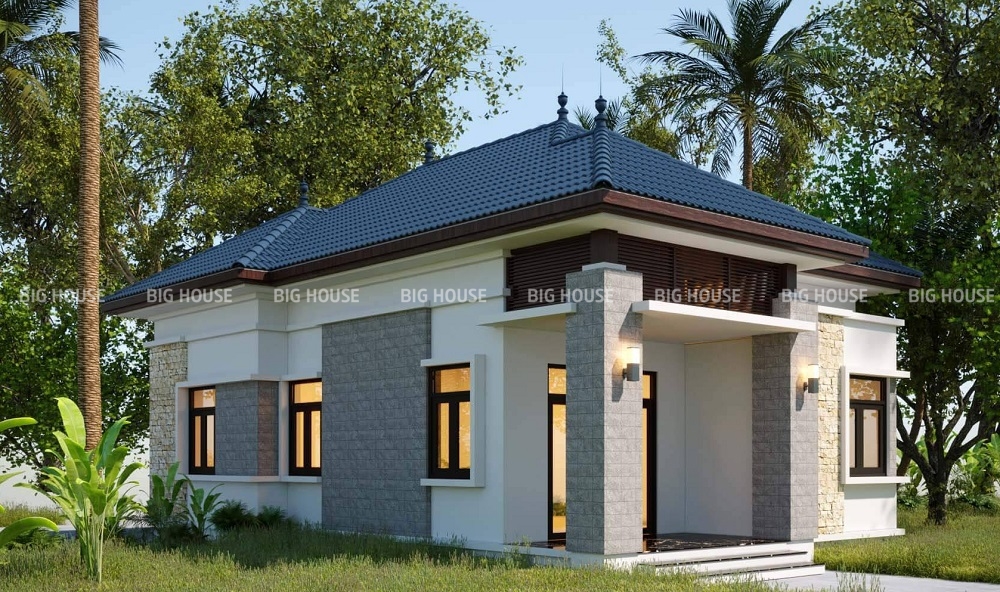Cột mái hiên nhà cấp 4 mái Thái ốp gạch thẻ màu xám nhạt đẹp hiện đại.