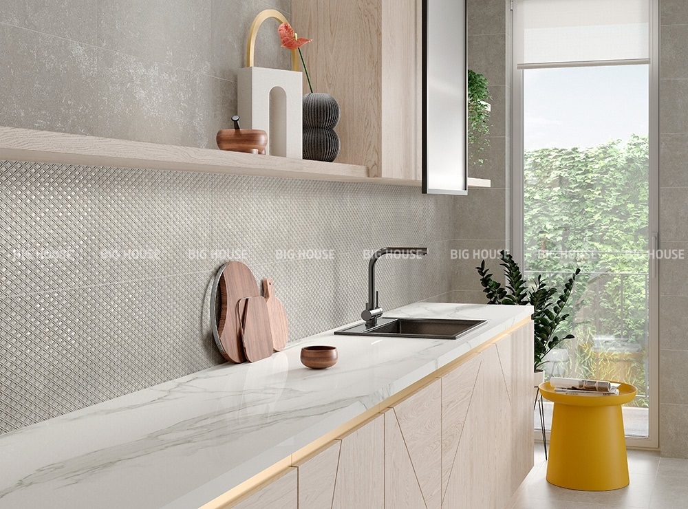 Mẫu gạch 3D tone xám tối giản nhưng vẫn đủ sức làm bừng sáng toàn bộ không gian nội thất.