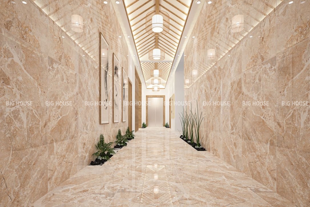 gach lát hành lang vân đá marble màu kem